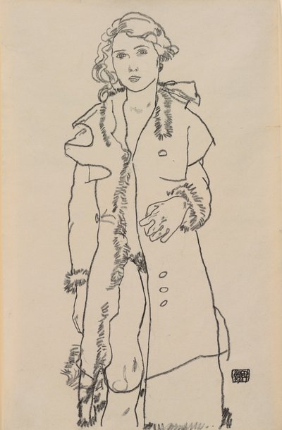 Nudo con cappotto bordato di pelliccia, 1917 da Egon Schiele