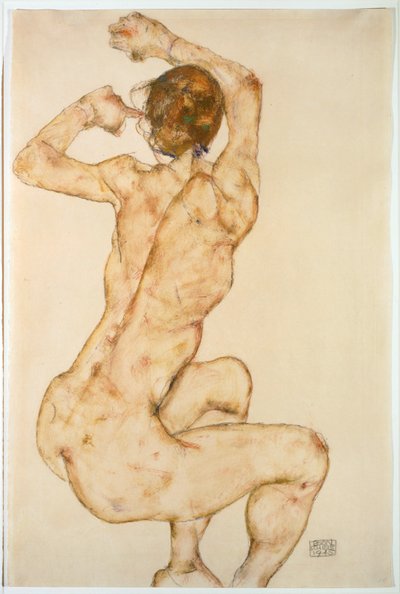Nudo con braccia sollevate... (guazzo e matita) da Egon Schiele
