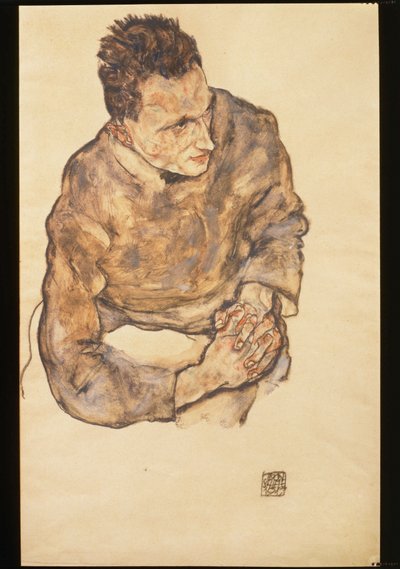 Ritratto di Karl Grünwald con le mani giunte... (acquerello e pastello nero) da Egon Schiele