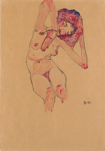 Nudo femminile seduto con testa china e braccia alzate da Egon Schiele