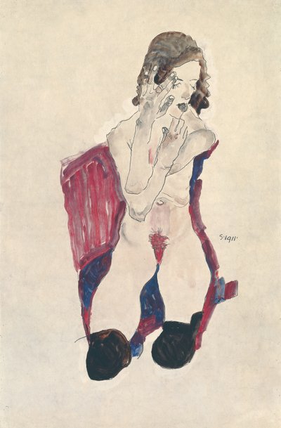 Ragazza seduta con calze nere e mani incrociate da Egon Schiele