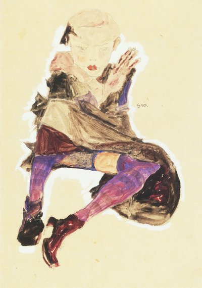 Ragazza seduta con calze a righe, 1910 da Egon Schiele