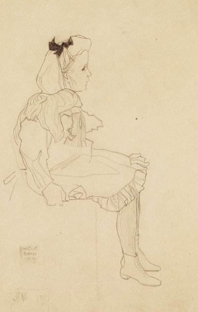 Ragazza seduta con un fiocco nei capelli, 1909 da Egon Schiele