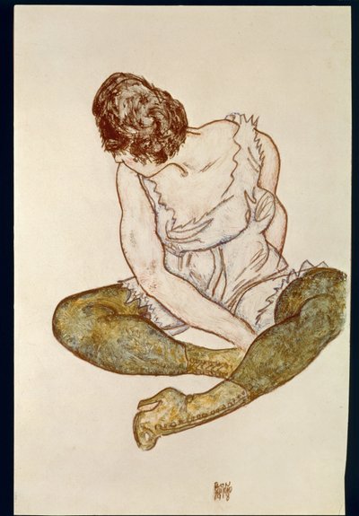 Donna seduta con calze verdi ... (acquerello e pastello nero) da Egon Schiele