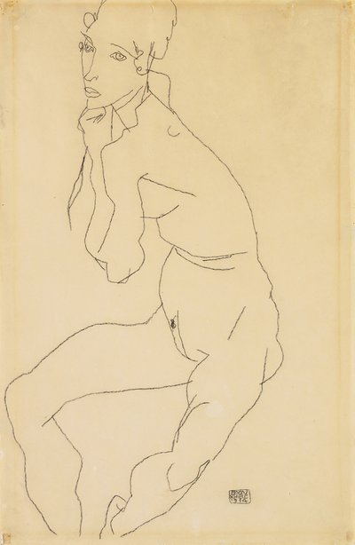 Nudo femminile seduto con mano sul mento da Egon Schiele
