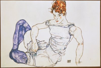 Donna seduta con calze viola ... (gouache e pastello nero) da Egon Schiele