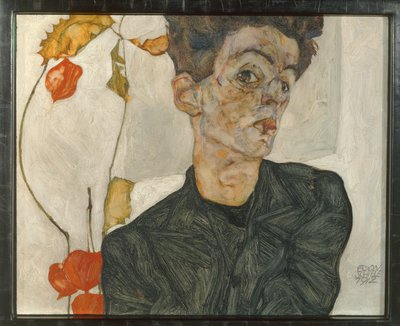 Autoritratto con frutti di lanterna ... (olio e acquerello su tela) da Egon Schiele