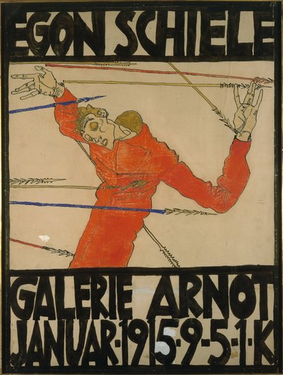 Autoritratto come San Sebastiano, design del poster per una mostra alla Galerie Arnot, 1914 da Egon Schiele