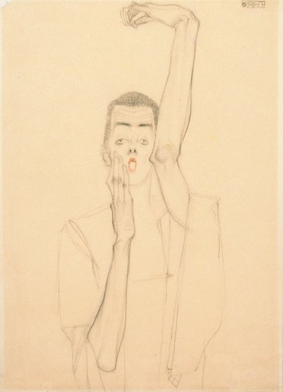 Autoritratto con un braccio alzato e bocca rossa da Egon Schiele