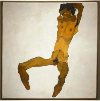 Sitzender Männerakt ... (olio e acquerello su tela) da Egon Schiele
