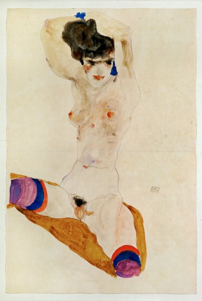 Ragazza nuda seduta con sopra la testa... (acquerello e matita) da Egon Schiele