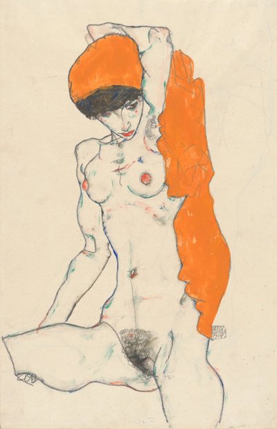 Nudo in piedi con drappo arancione da Egon Schiele