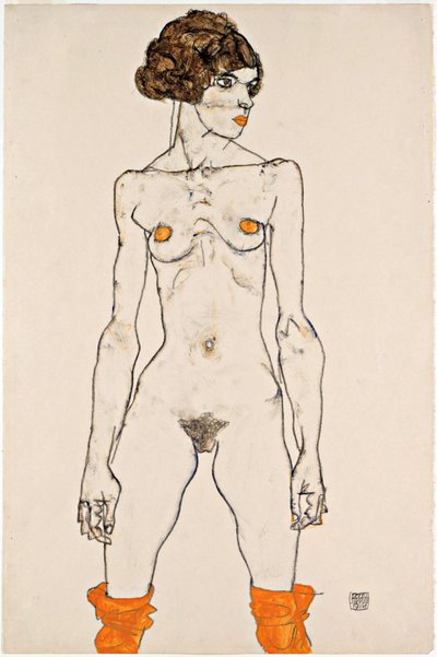 Giovane donna nuda in piedi con calze arancioni da Egon Schiele