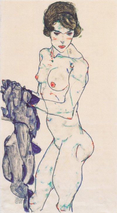 Nudo femminile in piedi con telo blu da Egon Schiele