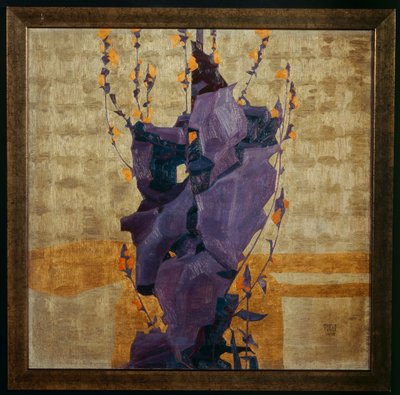 Fiore stilizzato su sfondo decorativo ... (bronzo) da Egon Schiele