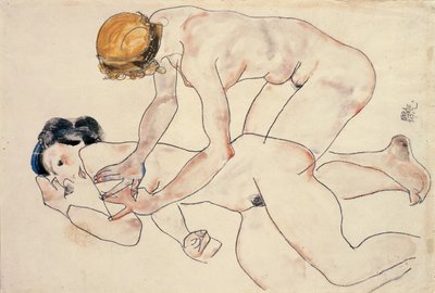 Due nudi femminili, sdraiati e inginocchiati da Egon Schiele
