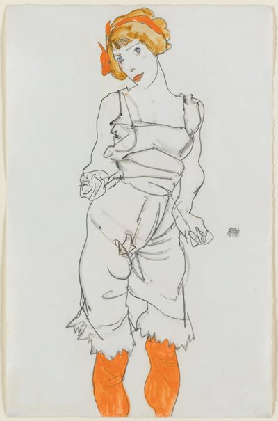 Donna in lingerie e calze da Egon Schiele