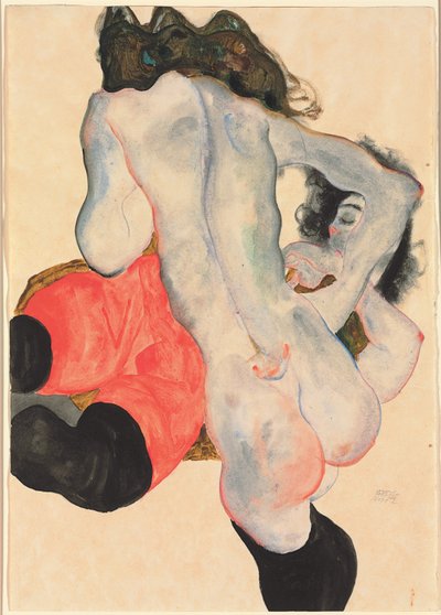Donna con pantaloni rossi e nudo femminile in piedi da Egon Schiele