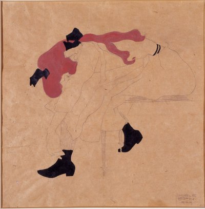 Giovane ragazza con nastro nero nei capelli rossi, che si mette le scarpe, 1909 da Egon Schiele