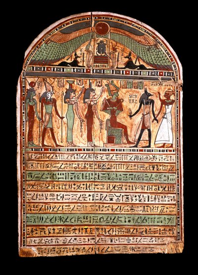Antichità egiziane: stele funeraria di un sommo sacerdote: Osiride accoglie il defunto presente in Anubi, dietro di lui le divinità Iside, Nefti, Horus, Hathor. III-II secolo a.C. Torino, Museo Egizio da Egyptian
