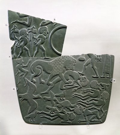 La tavolozza del campo di battaglia, raffigurante prigionieri e vittime uccise della battaglia, predate da animali selvatici, Tardo Predinastico alla 1ª Dinastia, c.3100 a.C. da Egyptian