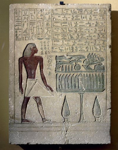 Stele di calcare dipinta raffigurante Senusret al suo tavolo delle offerte da Egyptian 12th Dynasty