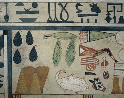Dettaglio del pannello che rappresenta varie offerte di cibo, dal Sarcofago di Irinimenpu da Egyptian 12th Dynasty