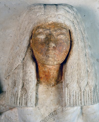 Volto di Aniuia, moglie dello scriba Meryneith, (dettaglio) dalla doppia statua del sommo sacerdote Meryneith e sua moglie Aniuia, calcare dipinto risalente al regno di Akhenaton, Saqqara. Civiltà egizia, Nuovo Regno, Dinastia XVIII. da Egyptian 18th Dynasty