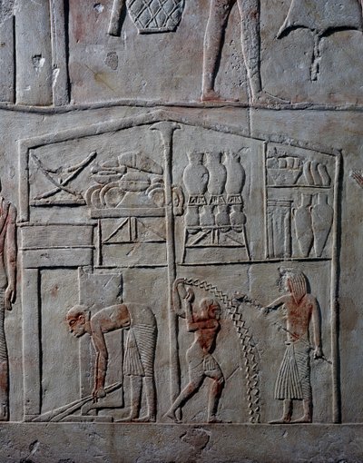 Disposizione del cibo nei magazzini, rilievo in pietra calcarea, dalla Tomba Memphite di Horemheb a Saqqara, Civiltà Egizia, Nuovo Regno, XVIII Dinastia da Egyptian 18th Dynasty