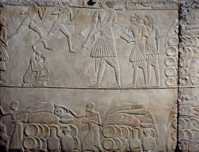 Disposizione del cibo nei magazzini, rilievo murale in calcare, dalla tomba memfita di Horemheb a Saqqara, Civiltà Egizia, Nuovo Regno, Dinastia XVIII da Egyptian 18th Dynasty