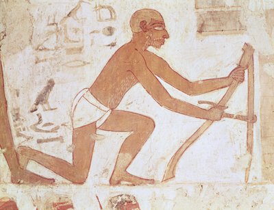 Costruzione di un Muro, dettaglio di un Uomo con una Zappa, dalla Tomba di Rekhmire, visir di Tuthmosis III e Amenhotep II, Nuovo Regno (dettaglio) da Egyptian 18th Dynasty