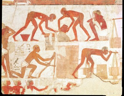 Costruzione di un muro, dalla tomba di Rekhmire, visir di Tuthmosis III e Amenhotep II, Nuovo Regno da Egyptian 18th Dynasty