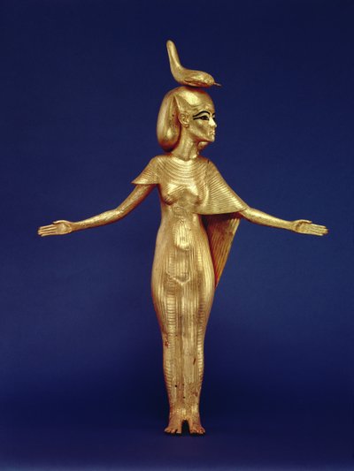 (dettaglio) della dea Selket dal santuario canopico, dalla Tomba di Tutankhamon (c.1370-1352 a.C.) Nuovo Regno (legno dorato) da Egyptian 18th Dynasty