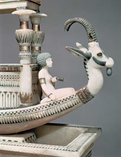 (dettaglio) della prua di una barca con la testa di uno stambecco siriano e una figura ritenuta essere la Principessa Mutnedjmet, dalla tomba di Tutankhamon (c.1370-52 a.C.) Nuovo Regno (alabastro) da Egyptian 18th Dynasty