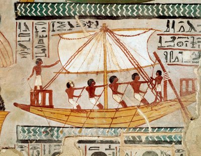 Antichità egizia: "una barca sul fiume che ritorna dal pellegrinaggio alla tomba di Osiride, Abydos" XVIII dinastia. Affresco dalla tomba di Sennefer (TT 96) dall
