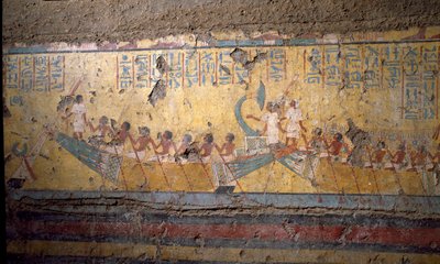 Antichità egiziana: affresco della tomba del pittore Maia, pellegrinaggio in barca ad Abido, citazione di Osiride. XVIII dinastia. Dalla Cappella di Maia, Deir el-Medineh, Nuovo Impero da Egyptian 18th Dynasty