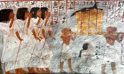 Antichità egiziane: processione con portatori di vasi a baldacchino usati per raccogliere le viscere del defunto. Dipinto della tomba di Roy da Egyptian 18th Dynasty