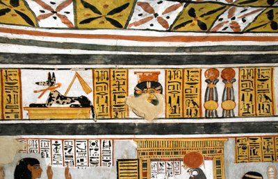 Antichità egiziane: rappresentazione di Anubi, Hathor e geroglifici. Dipinto della tomba di Roy da Egyptian 18th Dynasty