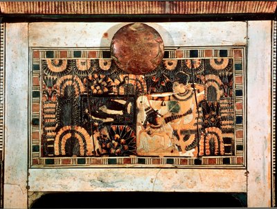 Antichità egiziana: piccola scatola di legno con intarsi in avorio rappresentante scene di caccia del faraone Tutankhamon. XVIII dinastia. Dalla tomba di Tutankhamon (1345-1327 a.C.) Valle dei Re. Tebe, Museo Egizio da Egyptian 18th Dynasty