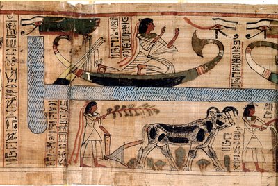 Antichità egizia: il nome del defunto Aner rappresentato sulla barca di Osiride, scena di aratura e pesatura delle anime (psicostasi). Papiro da un Libro dei Morti, XX dinastia, da Tebe. Torino, Museo Egizio da Egyptian 18th Dynasty