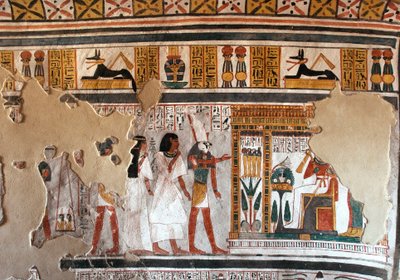 Antichità egizia: Horus guida Roy e sua moglie da Osiride. Frammenti di affresco dalla tomba di Roy (TT255). XVIII dinastia. Dalla Riva Ovest di Luxor, Egitto da Egyptian 18th Dynasty