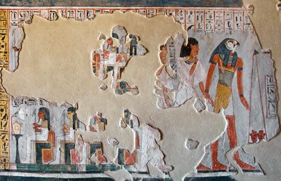 Antichità egizia: Horus guida Roy e sua moglie alla pesatura dei cuori. Frammenti di affresco dalla Tomba di Roy (TT255). XVIII dinastia. Dalla Riva Ovest di Luxor, Egitto da Egyptian 18th Dynasty