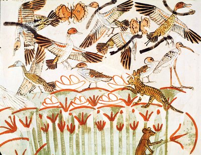 Pesca e caccia negli acquitrini, dettaglio degli uccelli, dalla Cappella della Tomba di Menna, Nuovo Regno (pittura murale) da Egyptian 18th Dynasty