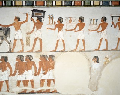Processione funebre, dettaglio degli affreschi nella cappella della Tomba di Menna, Necropoli di Sheikh Abd el Qurnah, Luxor, Tebe (Patrimonio Mondiale dell