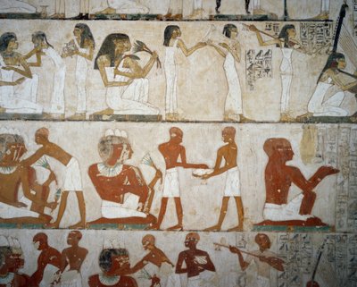 Banchetto funebre con musiciste femminili, donne che si adornano con gioielli, uomini e musicisti, Tomba di Rekhmire, Necropoli di Sheikh Abd el Qurnah, Luxor, Tebe (Lista del Patrimonio Mondiale Unesco) da Egyptian 18th Dynasty