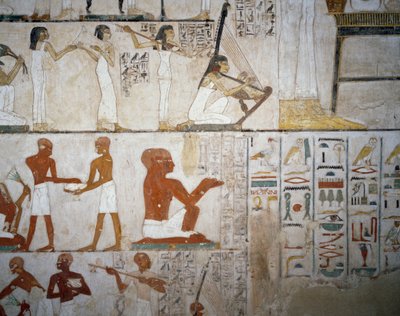 Banchetto funebre con musiciste, uomini e musicisti, (dettaglio), affreschi nella Tomba di Rekhmire, Necropoli di Sheikh Abd el Qurnah, Luxor, Tebe (Lista del Patrimonio Mondiale dell