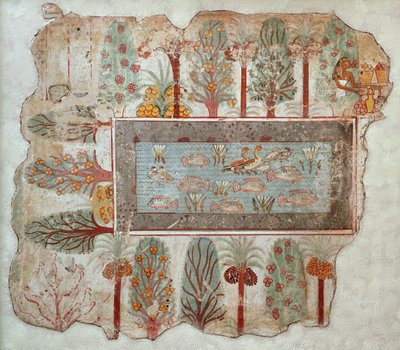 Giardino di una tenuta privata con una piscina ornamentale, parte del dipinto murale dalla Tomba di Nebamun, Tebe, Nuovo Regno, c.1350 a.C. da Egyptian 18th Dynasty