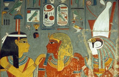 Horus, Horemheb e Hathor, dalla Tomba di Horemheb (c.1323-1295 a.C.) Nuovo Regno da Egyptian 18th Dynasty