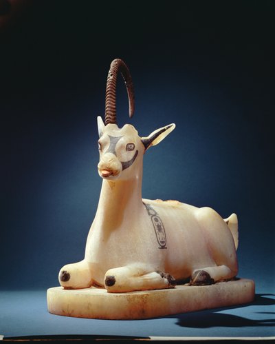 Coperchio di un vaso di unguento a forma di stambecco, dalla tomba di Tutankhamon da Egyptian 18th Dynasty