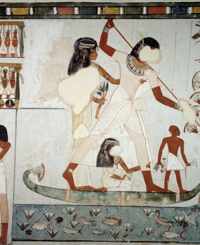Menna e la sua famiglia che pescano e cacciano nelle paludi del Nilo (dettaglio), affreschi nella cappella della Tomba di Menna, Necropoli di Sheikh Abd el Qurnah, Luxor, Tebe (Lista del Patrimonio Mondiale Unesco) da Egyptian 18th Dynasty